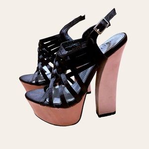 Liliana Vintage 90s Pink Satin and Black Super High Heel Platforms
